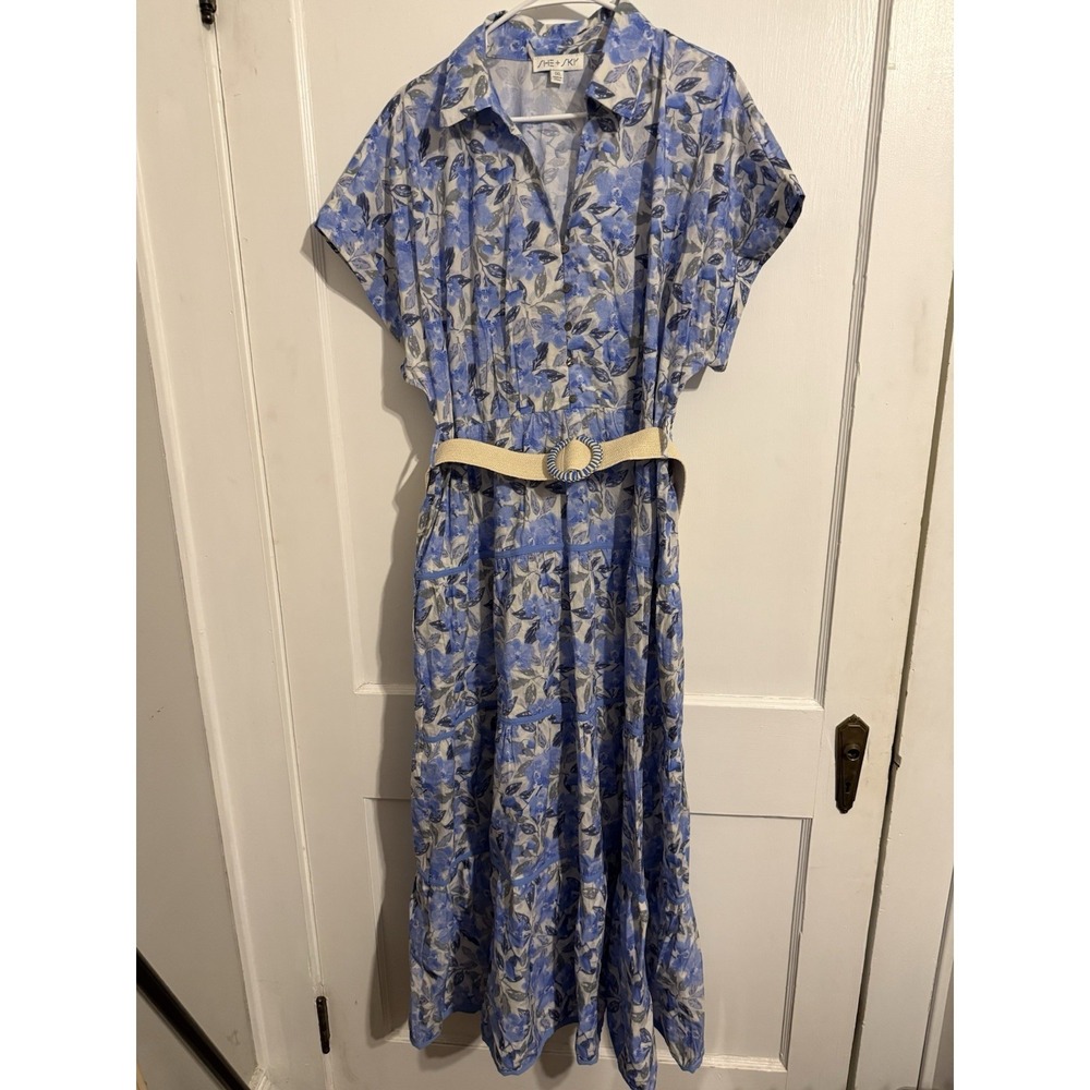 She + Sky Dress Womens 1XL Blue Boho Dress With Belt